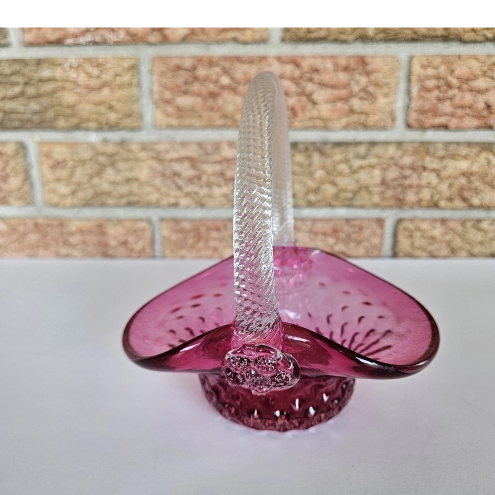Angelo Rossi Cranberry 5 1/2 Glass Basket Swirl Clear Handle